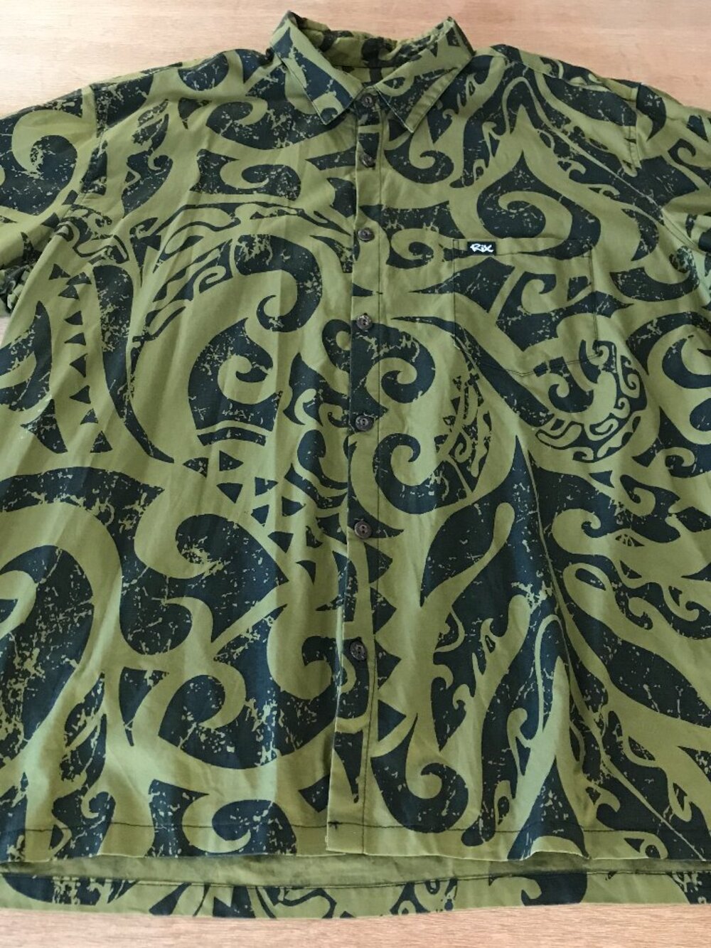 Rix Hawaiian Shirt Men 3XL Green Geometric Tribal Button Up Pocket Short Sleeve